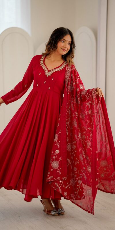 ZF 5025 Red Faux Georgette Gown Perfect for Wedding, Party, Raksha Bandhan, Temple Visit, Onam – . Get it for ₹2149. Delivery 4-6 Working Days. Shop now | Bollywood Gowns, Creative Gowns, Designer Gowns, Embroidered Gowns, Gowns, Party Wear Gowns