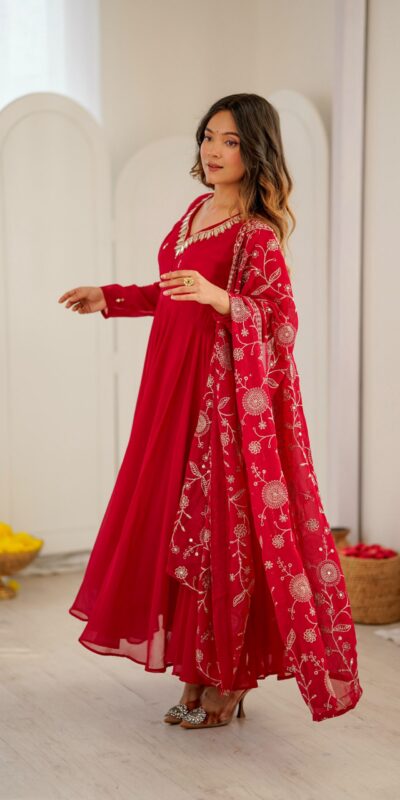 ZF 5025 Red Faux Georgette Gown Perfect for Wedding, Party, Raksha Bandhan, Temple Visit, Onam – . Get it for ₹2149. Delivery 4-6 Working Days. Shop now | Bollywood Gowns, Creative Gowns, Designer Gowns, Embroidered Gowns, Gowns, Party Wear Gowns