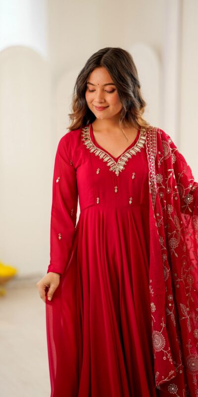 ZF 5025 Red Faux Georgette Gown Perfect for Wedding, Party, Raksha Bandhan, Temple Visit, Onam – . Get it for ₹2149. Delivery 4-6 Working Days. Shop now | Bollywood Gowns, Creative Gowns, Designer Gowns, Embroidered Gowns, Gowns, Party Wear Gowns