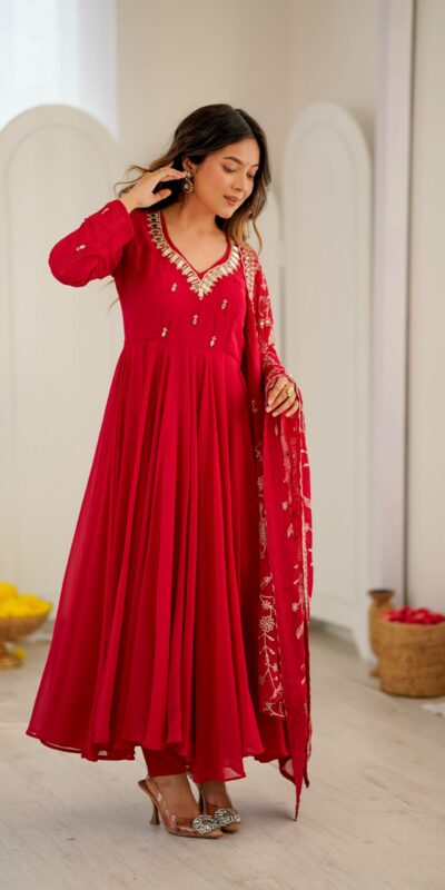 ZF 5025 Red Faux Georgette Gown Perfect for Wedding, Party, Raksha Bandhan, Temple Visit, Onam – . Get it for ₹2149. Delivery 4-6 Working Days. Shop now | Bollywood Gowns, Creative Gowns, Designer Gowns, Embroidered Gowns, Gowns, Party Wear Gowns