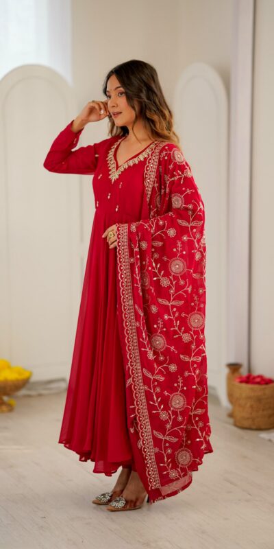 ZF 5025 Red Faux Georgette Gown Perfect for Wedding, Party, Raksha Bandhan, Temple Visit, Onam – . Get it for ₹2149. Delivery 4-6 Working Days. Shop now | Bollywood Gowns, Creative Gowns, Designer Gowns, Embroidered Gowns, Gowns, Party Wear Gowns