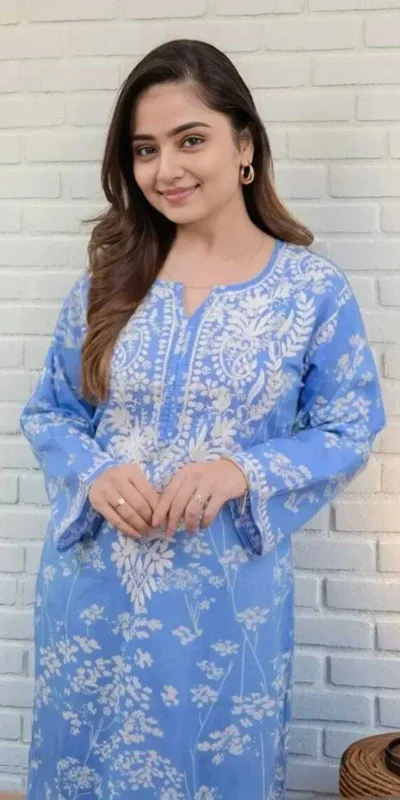 MF 1130 Blue in Colour Poly Cotton Chikenkari Work & Lace Work Kurti . Festive Deal ₹1499. Delivery 4-6 Working Days. Shop now. | Bollywood Kurti, Creative Kurtis, Designer Kurti, Kurti, Party Wear Kurti, Selfie Kurti
