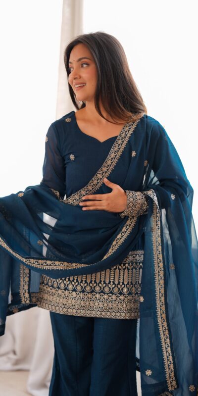 KB 309 Teal Blue | Teal Blue Crunchy Silk Salwar Suit with Sequins Work & Embroidery Work. Grab it for ₹2049. Delivery 4-6 Working Days. Shop now. | Jump Suits, Straight Suits, Casual Suits, Creative suits, Designer Suits, Palazzo Suits, Party Wear Suits, Patiala Suits, Salwar suit