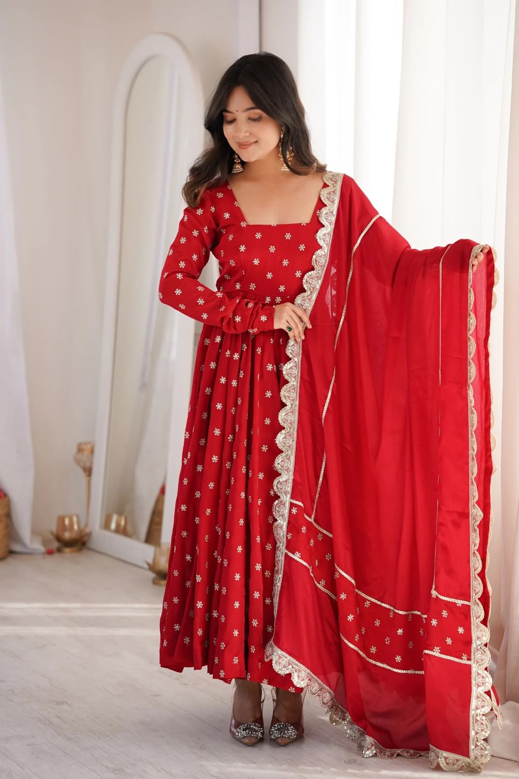 KD 1630 Red Zari Work & Embroidery Work Salwar Suit in Red Chinon Silk. Grab it for ₹2499. Delivery 4-6 Working Days. Shop now. | Anarkali Suits, Bollywood Anarkali, Creative-Anarkali, Designer Anarkali, Embroidered Anarkali, Party Wear Anarkali, Salwar suit