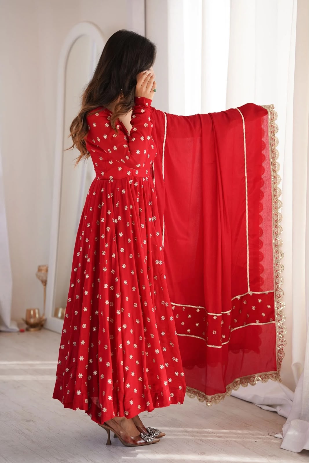 KD 1630 Red Zari Work & Embroidery Work Salwar Suit in Red Chinon Silk. Grab it for ₹2499. Delivery 4-6 Working Days. Shop now. | Anarkali Suits, Bollywood Anarkali, Creative-Anarkali, Designer Anarkali, Embroidered Anarkali, Party Wear Anarkali, Salwar suit