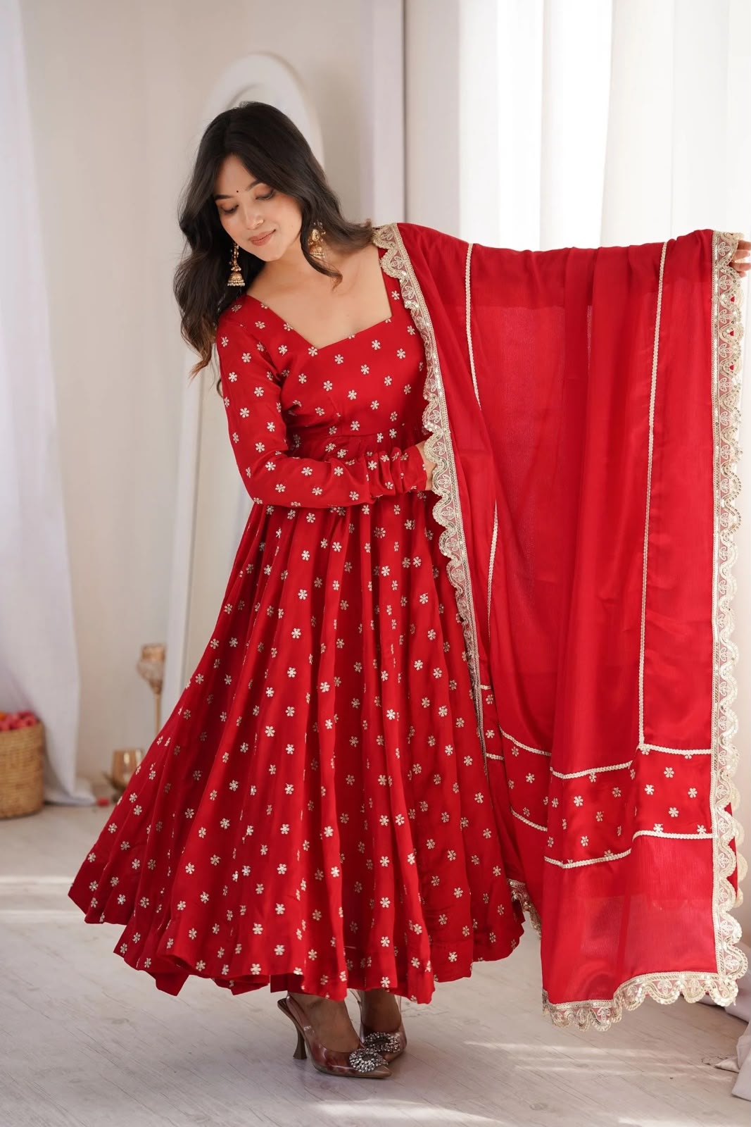 KD 1630 Red Zari Work & Embroidery Work Salwar Suit in Red Chinon Silk. Grab it for ₹2499. Delivery 4-6 Working Days. Shop now. | Anarkali Suits, Bollywood Anarkali, Creative-Anarkali, Designer Anarkali, Embroidered Anarkali, Party Wear Anarkali, Salwar suit