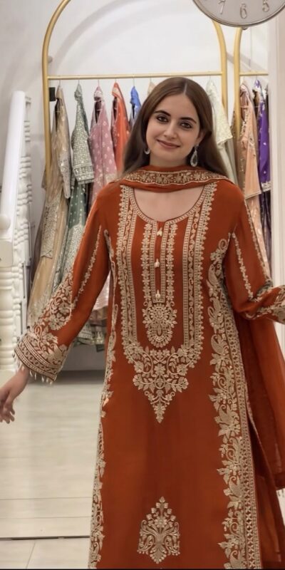 SR 1716 Rust Colour Faux Georgette Salwar Suit with Lace Work. Introductory Price ₹2449. Delivery 4-6 Working Days. Shop now. | Jump Suits, Straight Suits, Casual Suits, Creative suits, Designer Suits, Palazzo Suits, Party Wear Suits, Patiala Suits, Salwar suit
