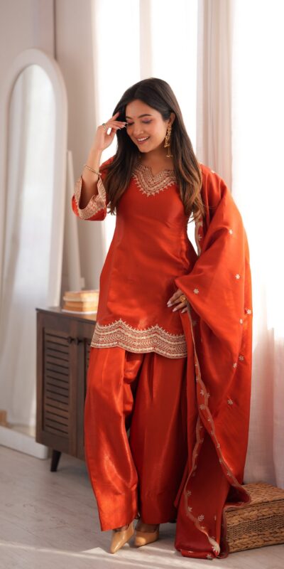 KB 307 Rust in Glass Roman Silk. Sequins Work & Embroidery Work Salwar Suit Festive Deal ₹1999. Delivery 4-6 Working Days. Shop now. | Jump Suits, Straight Suits, Casual Suits, Creative suits, Designer Suits, Palazzo Suits, Party Wear Suits, Patiala Suits, Salwar suit