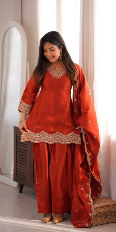 KB 307 Rust in Glass Roman Silk. Sequins Work & Embroidery Work Salwar Suit Festive Deal ₹1999. Delivery 4-6 Working Days. Shop now. | Jump Suits, Straight Suits, Casual Suits, Creative suits, Designer Suits, Palazzo Suits, Party Wear Suits, Patiala Suits, Salwar suit