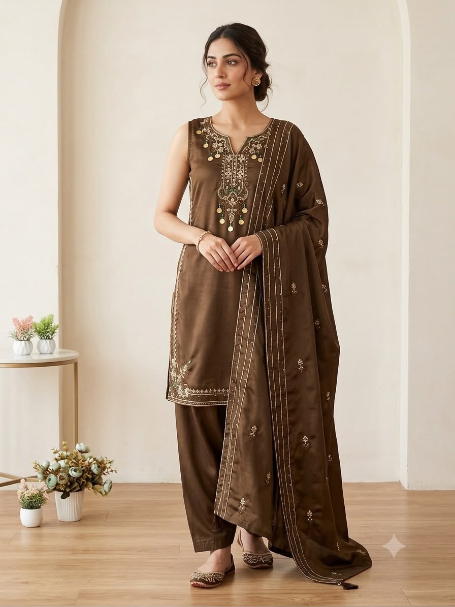 LG 2126 Brown Cos Moss Salwar Suit with Embroidery Work & Sequins Work. Affordable Price ₹2149. Delivery 4-6 Working Days. Shop now. | Jump Suits, Straight Suits, Casual Suits, Creative suits, Designer Suits, Palazzo Suits, Party Wear Suits, Patiala Suits, Salwar suit