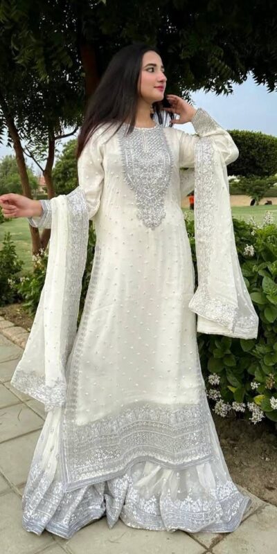 ZB 5064 White Faux Georgette Salwar Suit with Embroidery Work. Available at ₹2049 only. Delivery 4-6 Working Days. Shop now. | Jump Suits, Straight Suits, Casual Suits, Creative suits, Designer Suits, Palazzo Suits, Party Wear Suits, Patiala Suits, Salwar suit