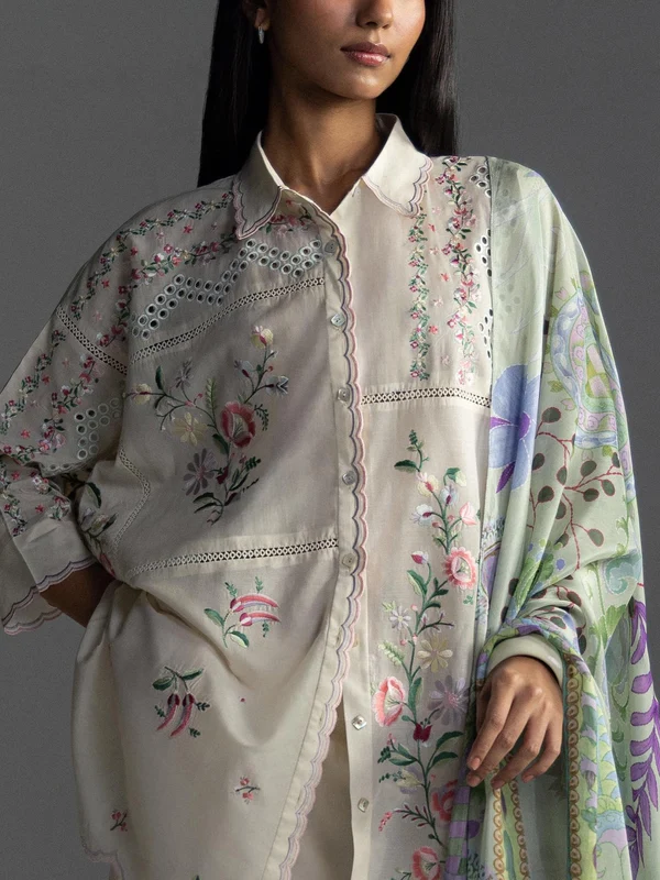Fancy Cream Cambric Cotton Embroidery Work Salwar Suit - Image 3