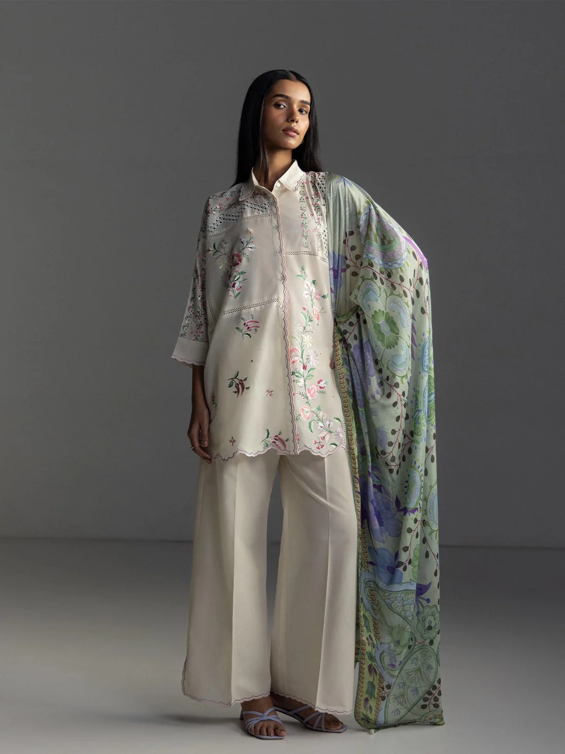 Fancy Cream Cambric Cotton Embroidery Work Salwar Suit