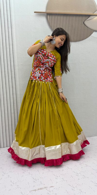 PC 595 Mustered in Pure Cotton Mirror Work & Gamthi Work Lehenga Choli . Exclusive Offer ₹3099. Delivery 4-6 Working Days. Shop now. | Bollywood Lehenga, Creative Lehenga, Designer Lehenga, Embroidered Lehenga, Lehenga, Party Wear Lehenga