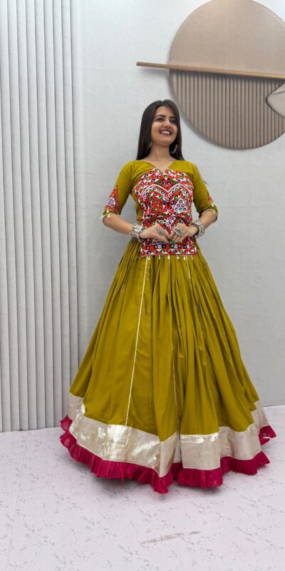 PC 595 Mustered in Pure Cotton Mirror Work & Gamthi Work Lehenga Choli . Exclusive Offer ₹3099. Delivery 4-6 Working Days. Shop now. | Bollywood Lehenga, Creative Lehenga, Designer Lehenga, Embroidered Lehenga, Lehenga, Party Wear Lehenga