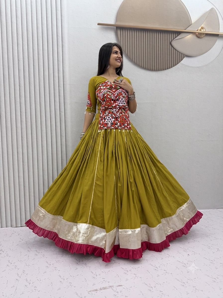 PC 595 Mustered in Pure Cotton Mirror Work & Gamthi Work Lehenga Choli . Exclusive Offer ₹3099. Delivery 4-6 Working Days. Shop now. | Bollywood Lehenga, Creative Lehenga, Designer Lehenga, Embroidered Lehenga, Lehenga, Party Wear Lehenga