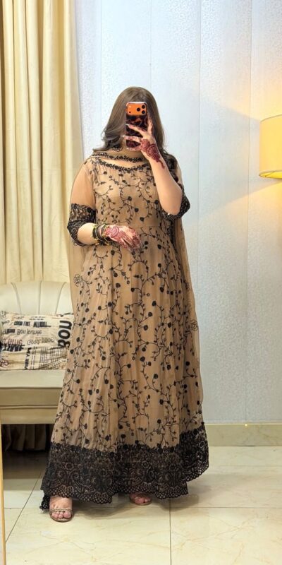 WW 1277 Cream Fox Perfect for Wedding, Party, Durga Puja, Diwali, Anniversary Georgette Gown. Now at just ₹2399. Delivery 4-6 Working Days. Shop now. | Bollywood Gowns, Creative Gowns, Designer Gowns, Embroidered Gowns, Gowns, Party Wear Gowns