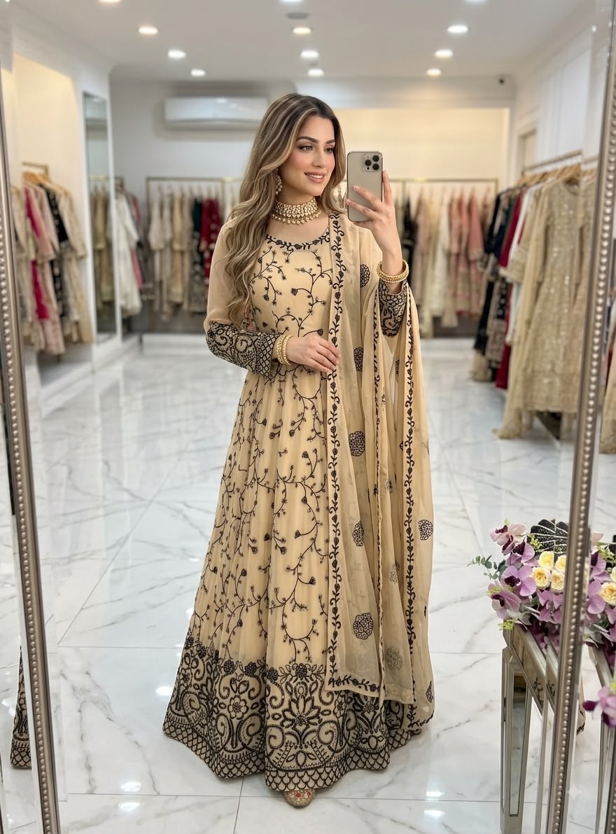 WW 1277 Cream Fox Perfect for Wedding, Party, Durga Puja, Diwali, Anniversary Georgette Gown. Now at just ₹2399. Delivery 4-6 Working Days. Shop now. | Bollywood Gowns, Creative Gowns, Designer Gowns, Embroidered Gowns, Gowns, Party Wear Gowns