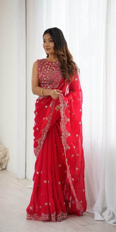 SP 88 Red Red Fendy Chiffon Saree with Embroidery Work & Sequins Work. Special Price ₹2149. Delivery 4-6 Working Days. Shop now. | Bollywood Sarees, Creative Sarees, Designer Sarees, Embroidered Sarees, Ethnic Saree, Modern Digital sarees, Party Wear Sarees, Sarees