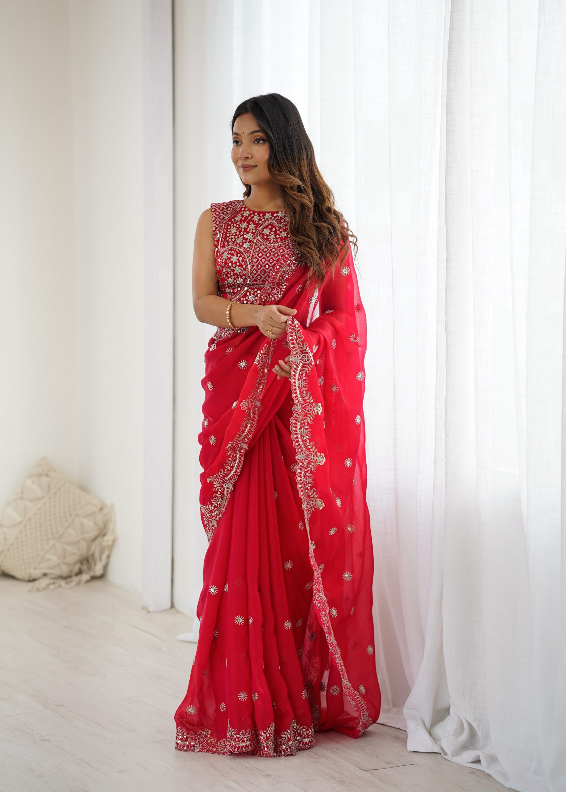 SP 88 Red Red Fendy Chiffon Saree with Embroidery Work & Sequins Work. Special Price ₹2149. Delivery 4-6 Working Days. Shop now. | Bollywood Sarees, Creative Sarees, Designer Sarees, Embroidered Sarees, Ethnic Saree, Modern Digital sarees, Party Wear Sarees, Sarees