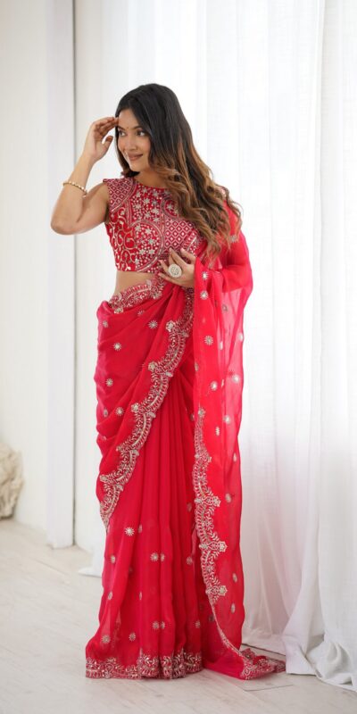 SP 88 Red Red Fendy Chiffon Saree with Embroidery Work & Sequins Work. Special Price ₹2149. Delivery 4-6 Working Days. Shop now. | Bollywood Sarees, Creative Sarees, Designer Sarees, Embroidered Sarees, Ethnic Saree, Modern Digital sarees, Party Wear Sarees, Sarees