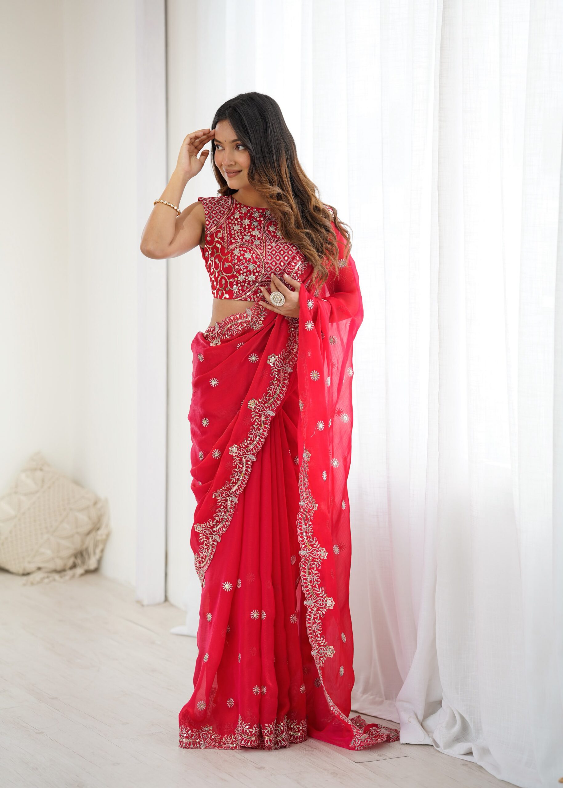 SP 88 Red Red Fendy Chiffon Saree with Embroidery Work & Sequins Work. Special Price ₹2149. Delivery 4-6 Working Days. Shop now. | Bollywood Sarees, Creative Sarees, Designer Sarees, Embroidered Sarees, Ethnic Saree, Modern Digital sarees, Party Wear Sarees, Sarees