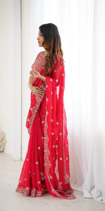 SP 88 Red Red Fendy Chiffon Saree with Embroidery Work & Sequins Work. Special Price ₹2149. Delivery 4-6 Working Days. Shop now. | Bollywood Sarees, Creative Sarees, Designer Sarees, Embroidered Sarees, Ethnic Saree, Modern Digital sarees, Party Wear Sarees, Sarees