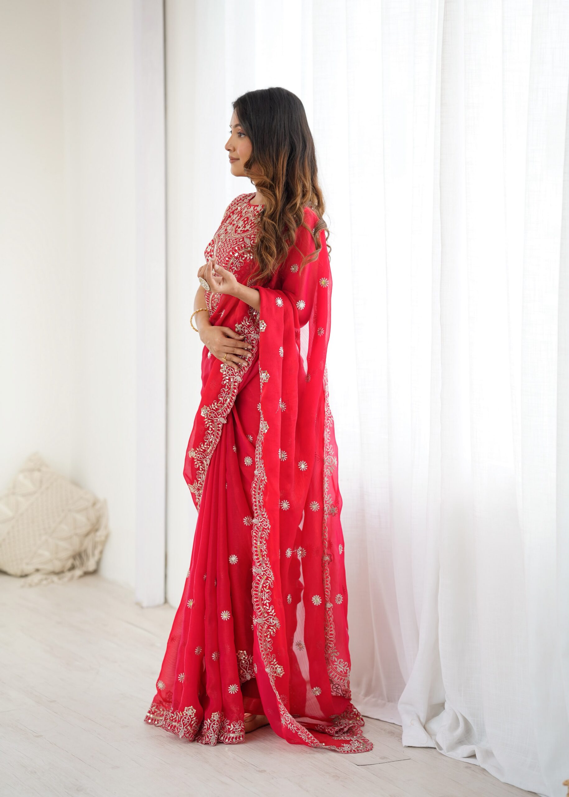 SP 88 Red Red Fendy Chiffon Saree with Embroidery Work & Sequins Work. Special Price ₹2149. Delivery 4-6 Working Days. Shop now. | Bollywood Sarees, Creative Sarees, Designer Sarees, Embroidered Sarees, Ethnic Saree, Modern Digital sarees, Party Wear Sarees, Sarees