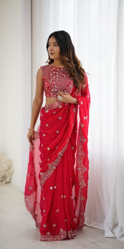 SP 88 Red Red Fendy Chiffon Saree with Embroidery Work & Sequins Work. Special Price ₹2149. Delivery 4-6 Working Days. Shop now. | Bollywood Sarees, Creative Sarees, Designer Sarees, Embroidered Sarees, Ethnic Saree, Modern Digital sarees, Party Wear Sarees, Sarees