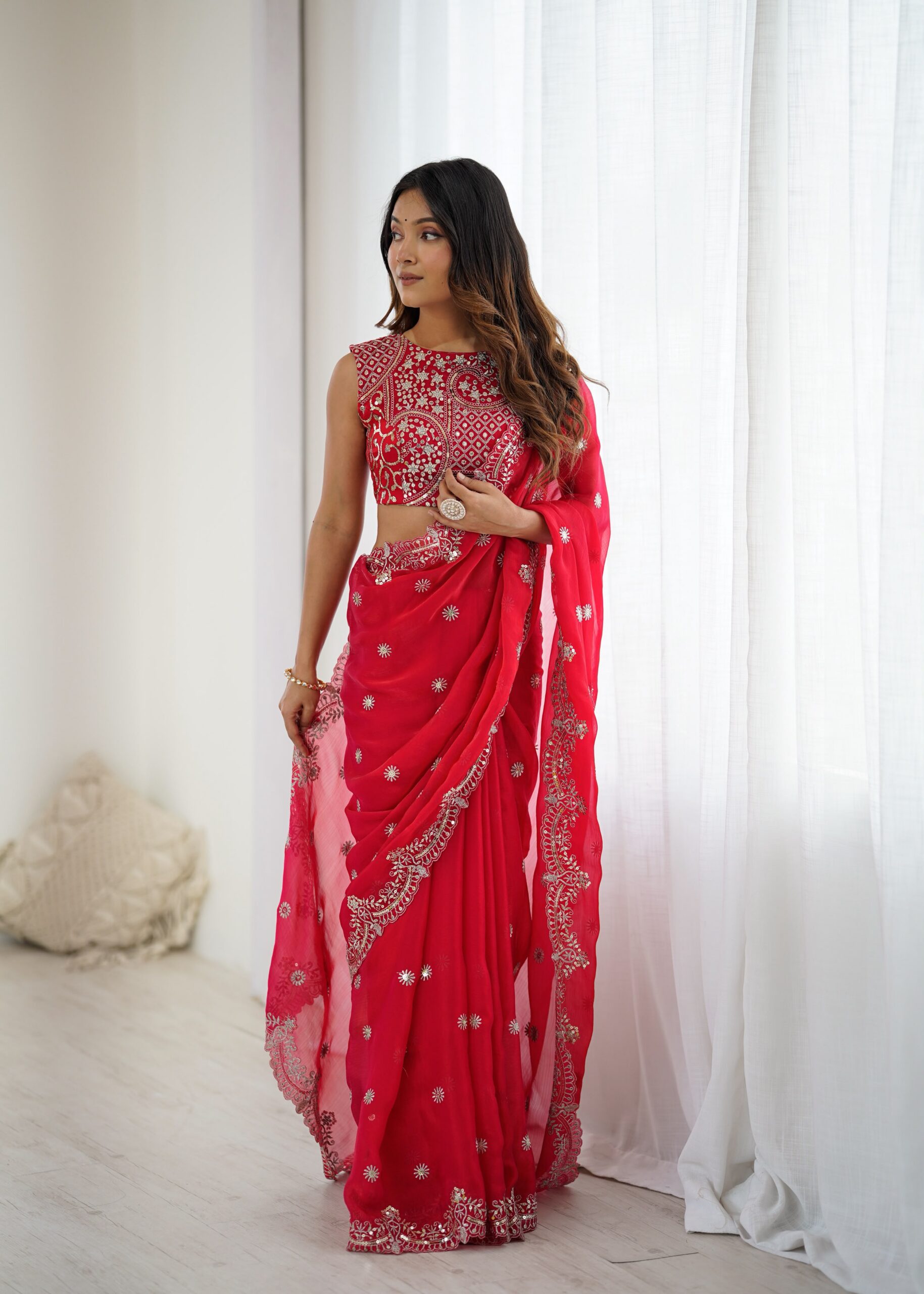 SP 88 Red Red Fendy Chiffon Saree with Embroidery Work & Sequins Work. Special Price ₹2149. Delivery 4-6 Working Days. Shop now. | Bollywood Sarees, Creative Sarees, Designer Sarees, Embroidered Sarees, Ethnic Saree, Modern Digital sarees, Party Wear Sarees, Sarees