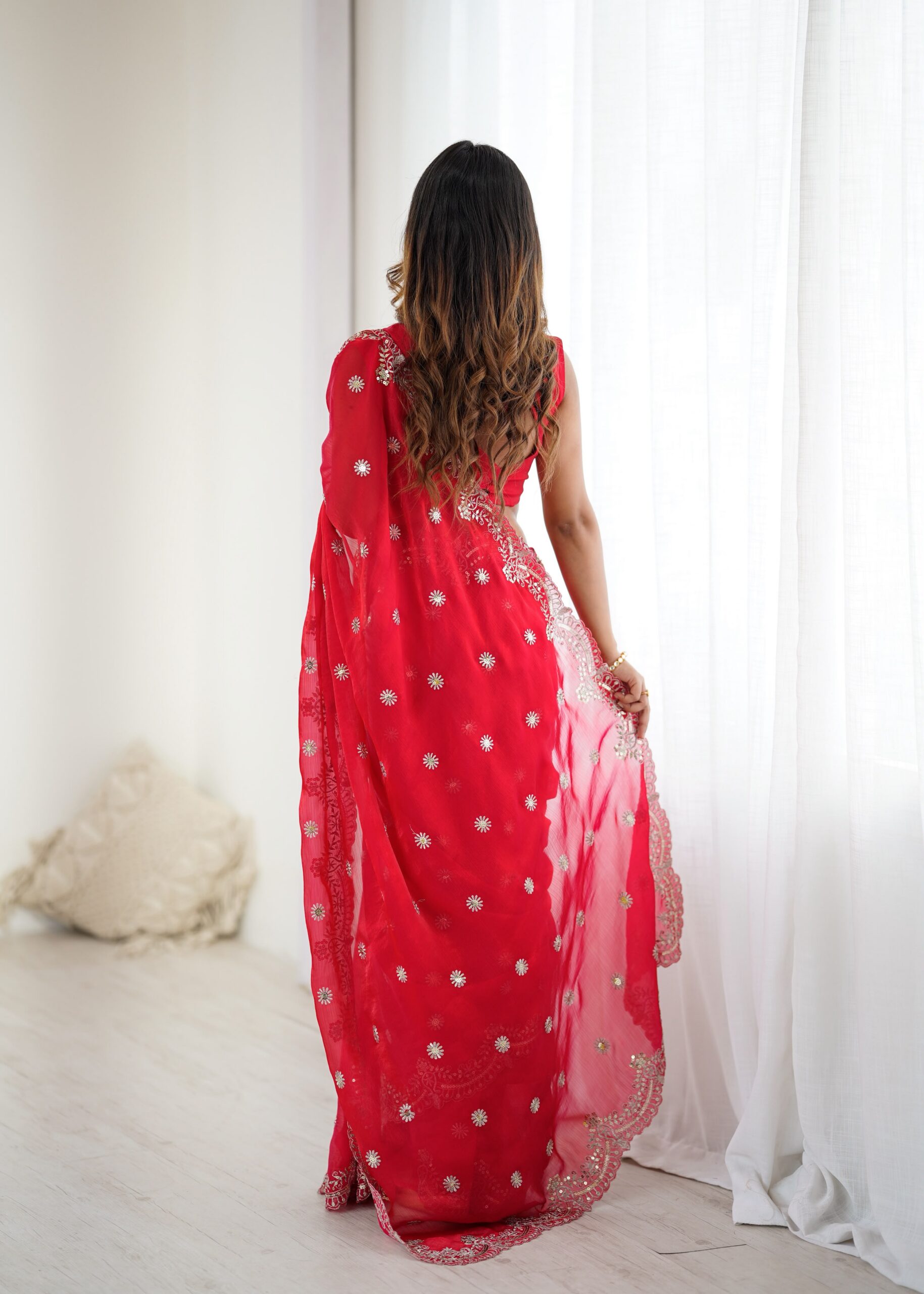 SP 88 Red Red Fendy Chiffon Saree with Embroidery Work & Sequins Work. Special Price ₹2149. Delivery 4-6 Working Days. Shop now. | Bollywood Sarees, Creative Sarees, Designer Sarees, Embroidered Sarees, Ethnic Saree, Modern Digital sarees, Party Wear Sarees, Sarees