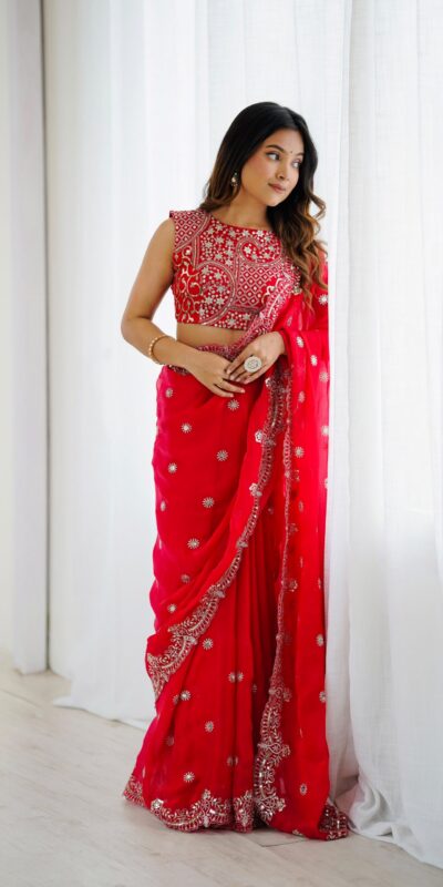 SP 88 Red Red Fendy Chiffon Saree with Embroidery Work & Sequins Work. Special Price ₹2149. Delivery 4-6 Working Days. Shop now. | Bollywood Sarees, Creative Sarees, Designer Sarees, Embroidered Sarees, Ethnic Saree, Modern Digital sarees, Party Wear Sarees, Sarees