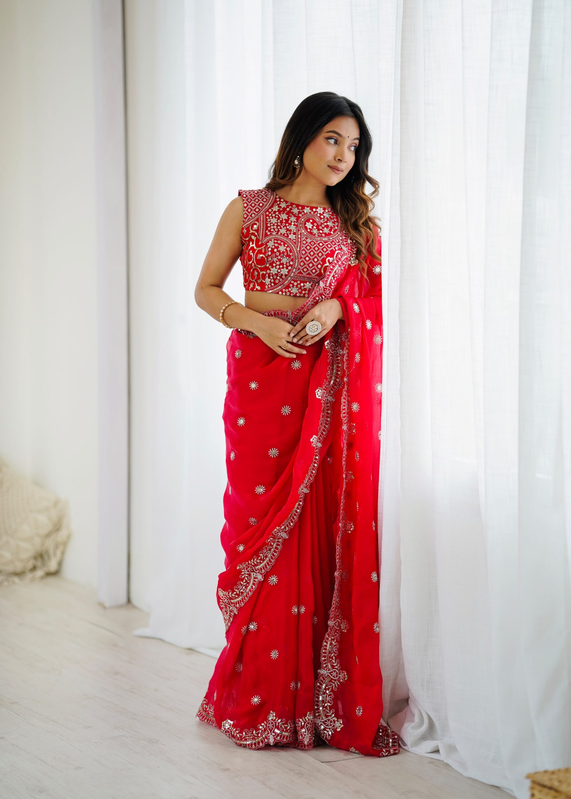 SP 88 Red Red Fendy Chiffon Saree with Embroidery Work & Sequins Work. Special Price ₹2149. Delivery 4-6 Working Days. Shop now. | Bollywood Sarees, Creative Sarees, Designer Sarees, Embroidered Sarees, Ethnic Saree, Modern Digital sarees, Party Wear Sarees, Sarees