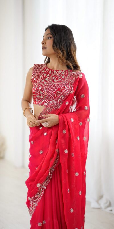 SP 88 Red Red Fendy Chiffon Saree with Embroidery Work & Sequins Work. Special Price ₹2149. Delivery 4-6 Working Days. Shop now. | Bollywood Sarees, Creative Sarees, Designer Sarees, Embroidered Sarees, Ethnic Saree, Modern Digital sarees, Party Wear Sarees, Sarees