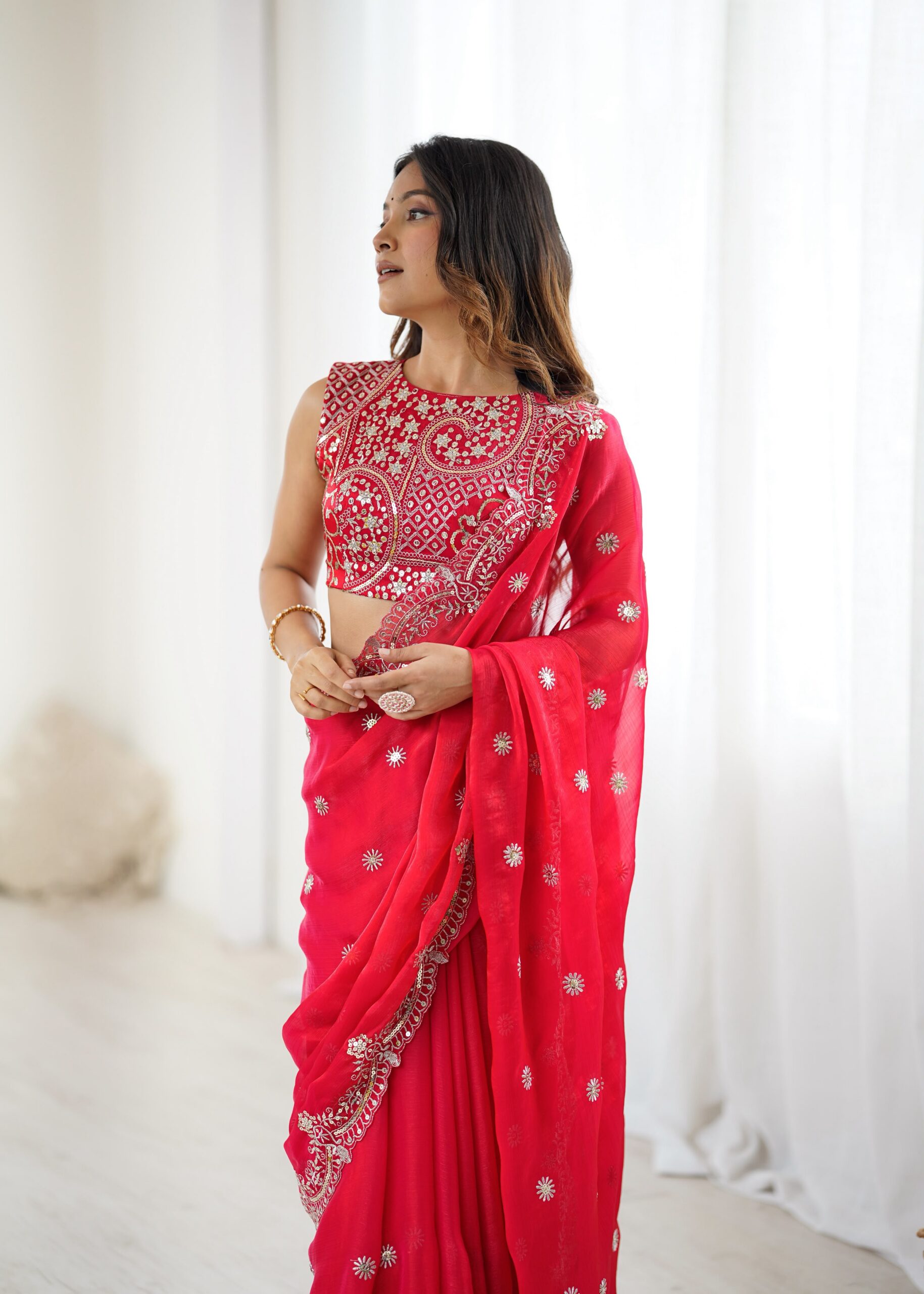 SP 88 Red Red Fendy Chiffon Saree with Embroidery Work & Sequins Work. Special Price ₹2149. Delivery 4-6 Working Days. Shop now. | Bollywood Sarees, Creative Sarees, Designer Sarees, Embroidered Sarees, Ethnic Saree, Modern Digital sarees, Party Wear Sarees, Sarees