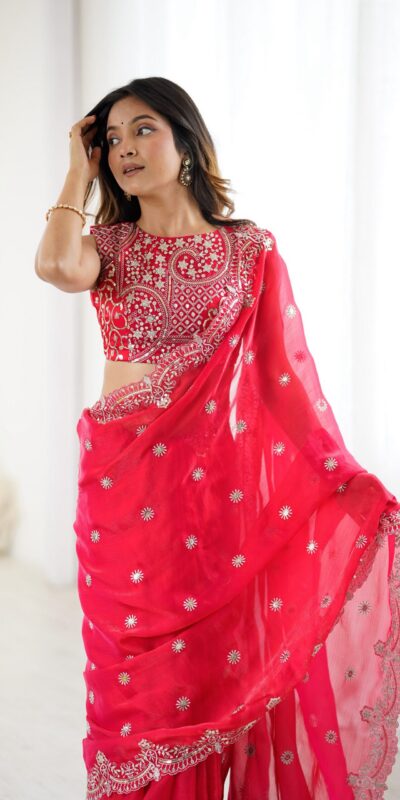 SP 88 Red Red Fendy Chiffon Saree with Embroidery Work & Sequins Work. Special Price ₹2149. Delivery 4-6 Working Days. Shop now. | Bollywood Sarees, Creative Sarees, Designer Sarees, Embroidered Sarees, Ethnic Saree, Modern Digital sarees, Party Wear Sarees, Sarees