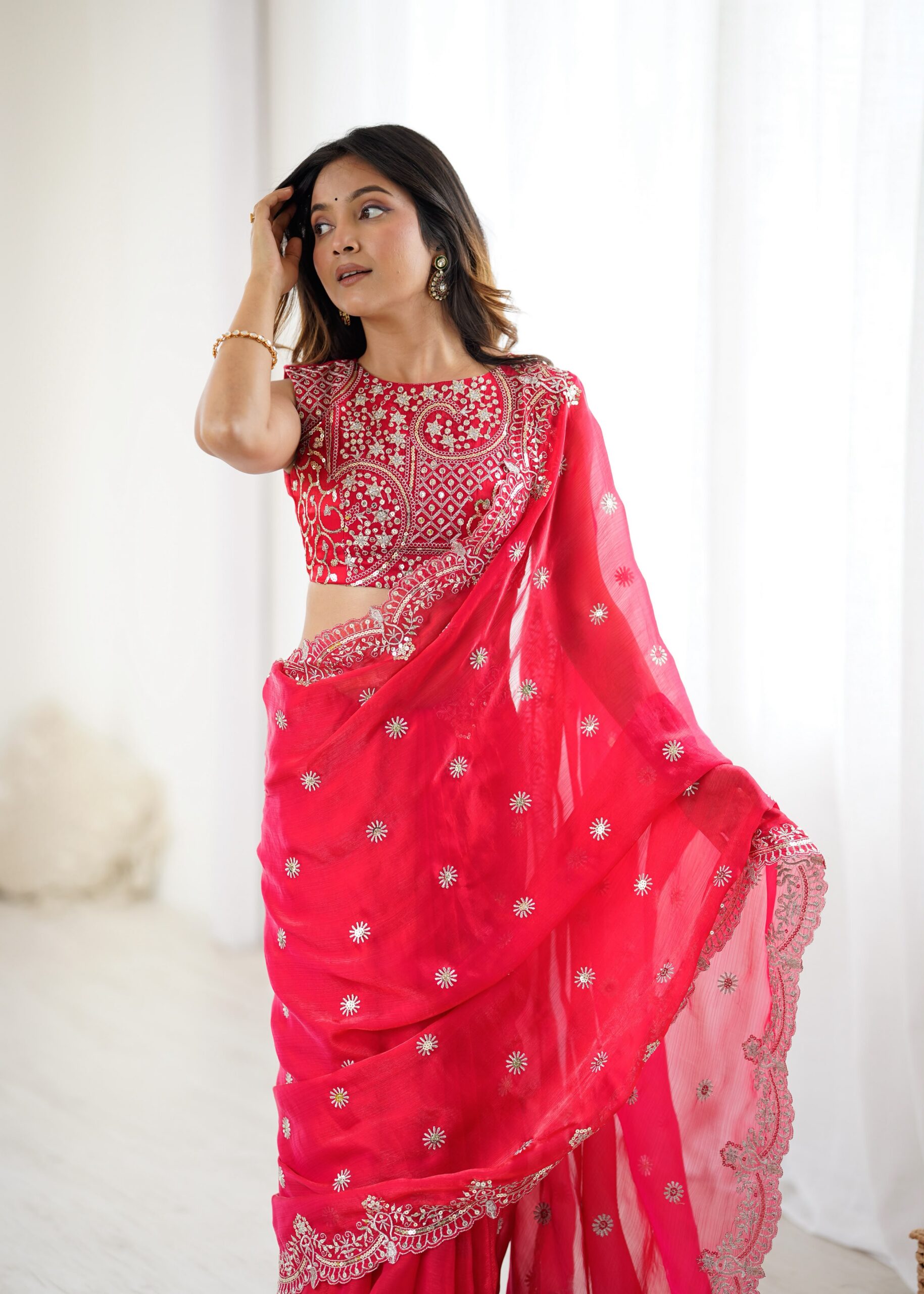 SP 88 Red Red Fendy Chiffon Saree with Embroidery Work & Sequins Work. Special Price ₹2149. Delivery 4-6 Working Days. Shop now. | Bollywood Sarees, Creative Sarees, Designer Sarees, Embroidered Sarees, Ethnic Saree, Modern Digital sarees, Party Wear Sarees, Sarees