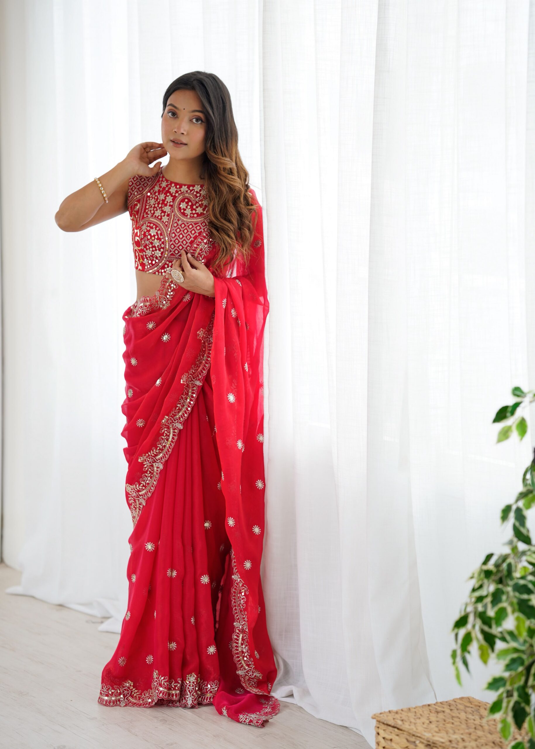 SP 88 Red Red Fendy Chiffon Saree with Embroidery Work & Sequins Work. Special Price ₹2149. Delivery 4-6 Working Days. Shop now. | Bollywood Sarees, Creative Sarees, Designer Sarees, Embroidered Sarees, Ethnic Saree, Modern Digital sarees, Party Wear Sarees, Sarees
