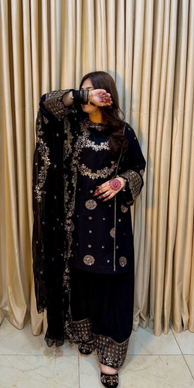 ST 251 Black Faux Georgette Salwar Suit with Mirror Work & Embroidery Work. Get it for ₹2349. Delivery 4-6 Working Days. Shop now. | Jump Suits, Straight Suits, Casual Suits, Creative suits, Designer Suits, Palazzo Suits, Party Wear Suits, Patiala Suits, Salwar suit