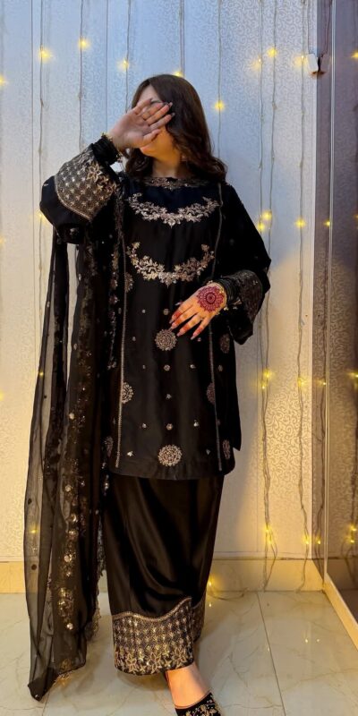 ST 251 Black Faux Georgette Salwar Suit with Mirror Work & Embroidery Work. Get it for ₹2349. Delivery 4-6 Working Days. Shop now. | Jump Suits, Straight Suits, Casual Suits, Creative suits, Designer Suits, Palazzo Suits, Party Wear Suits, Patiala Suits, Salwar suit