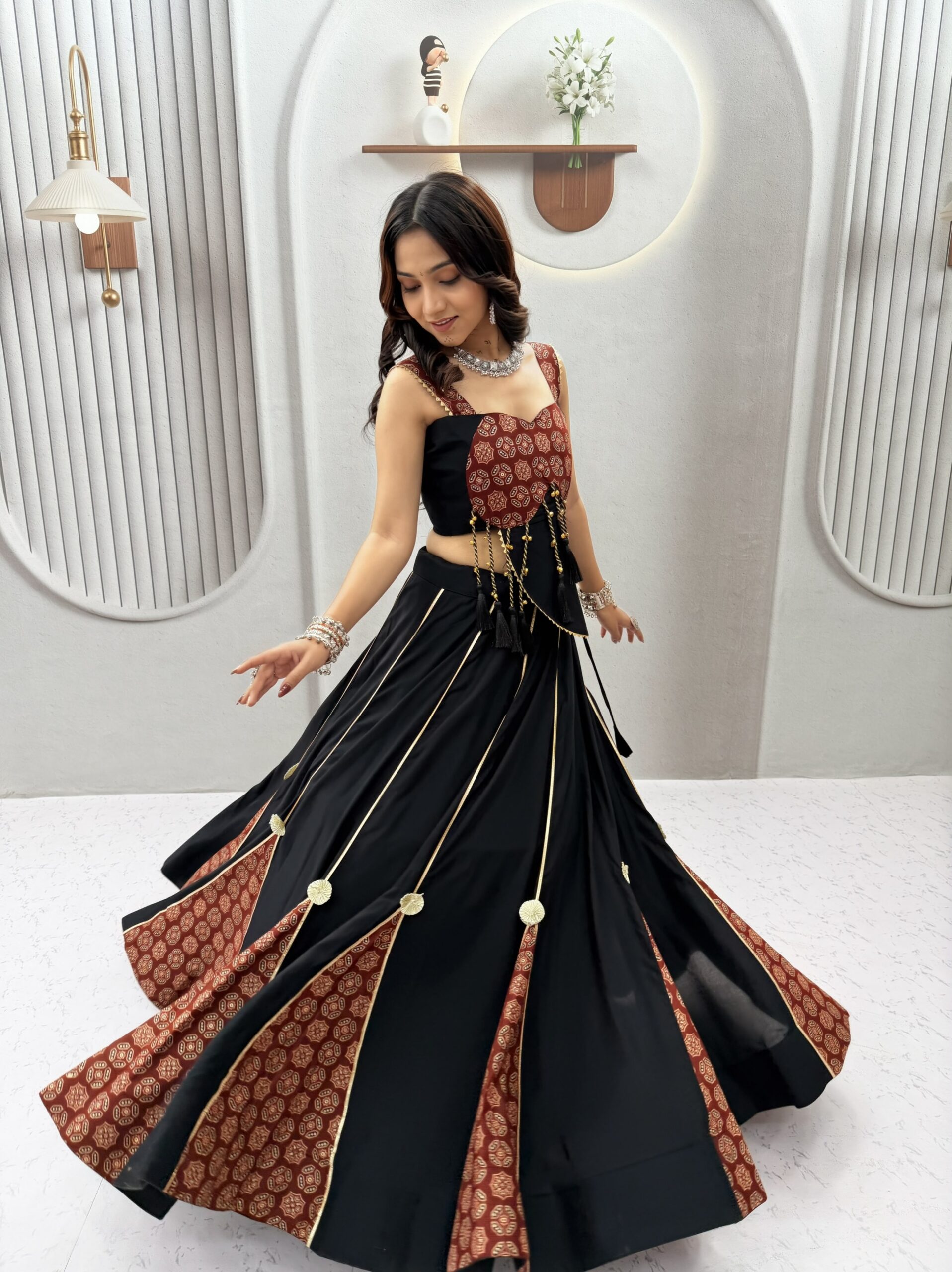 Ram 192 Black in Pure Cotton Mirror Work & Gamthi Work Lehenga Choli . Exclusive Offer ₹2849. Delivery 4-6 Working Days. Shop now. | Bollywood Lehenga, Creative Lehenga, Designer Lehenga, Embroidered Lehenga, Lehenga, Party Wear Lehenga