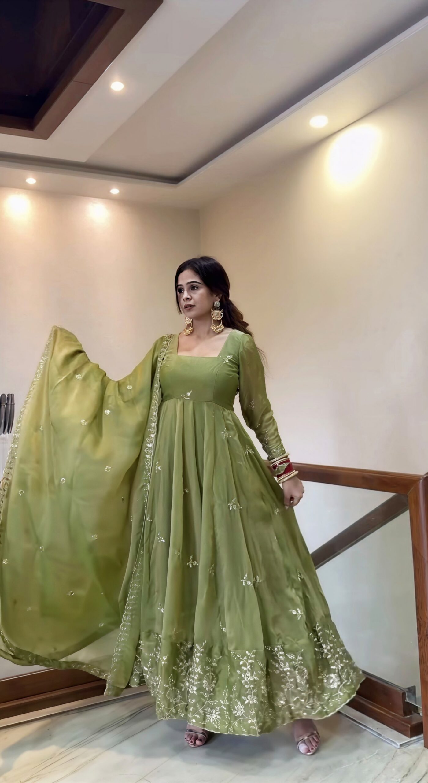 NSR 907 Mehendi Fendy Silk Gown with Embroidery Work & Sequins Work. Special Price ₹2399. Delivery 4-6 Working Days. Shop now. | Bollywood Gowns, Creative Gowns, Designer Gowns, Embroidered Gowns, Gowns, Party Wear Gowns