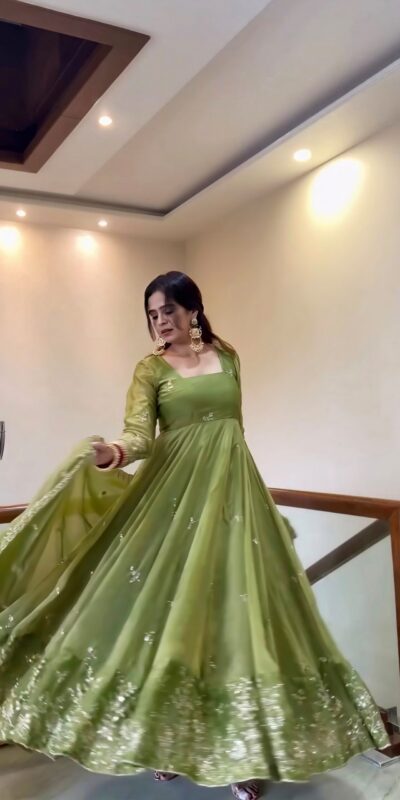 NSR 907 Mehendi Fendy Silk Gown with Embroidery Work & Sequins Work. Special Price ₹2399. Delivery 4-6 Working Days. Shop now. | Bollywood Gowns, Creative Gowns, Designer Gowns, Embroidered Gowns, Gowns, Party Wear Gowns