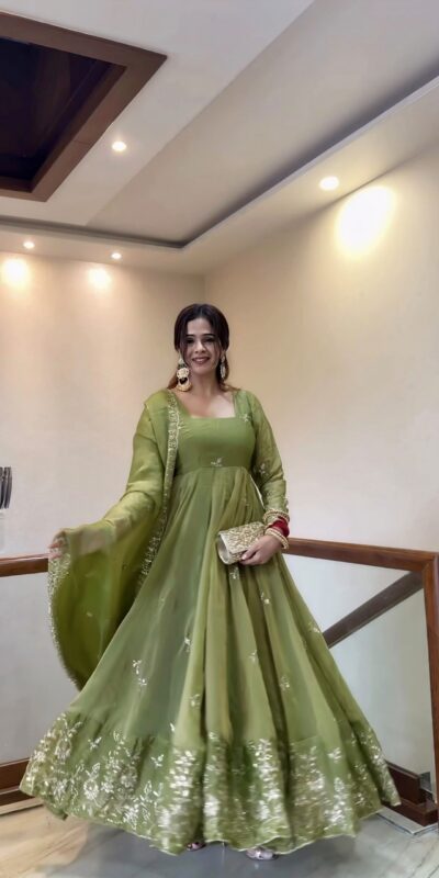 NSR 907 Mehendi Fendy Silk Gown with Embroidery Work & Sequins Work. Special Price ₹2399. Delivery 4-6 Working Days. Shop now. | Bollywood Gowns, Creative Gowns, Designer Gowns, Embroidered Gowns, Gowns, Party Wear Gowns