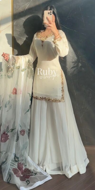 WW 1263 Off White Faux Georgette Salwar Suit with Mirror Work & Embroidery Work. Get it for ₹2149. Delivery 4-6 Working Days. Shop now. | Jump Suits, Straight Suits, Casual Suits, Creative suits, Designer Suits, Palazzo Suits, Party Wear Suits, Patiala Suits, Salwar suit