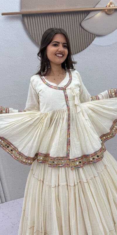 PC 596 Off White in Pure Cotton Mirror Work & Gamthi Work Lehenga Choli . Exclusive Offer ₹2999. Delivery 4-6 Working Days. Shop now. | Bollywood Lehenga, Creative Lehenga, Designer Lehenga, Embroidered Lehenga, Lehenga, Party Wear Lehenga