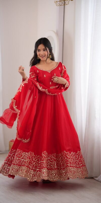 ZSR 3185 Red Fendy Silk Gown with Embroidery Work & Sequins Work. Special Price ₹2399. Delivery 4-6 Working Days. Shop now. | Bollywood Gowns, Creative Gowns, Designer Gowns, Embroidered Gowns, Gowns, Party Wear Gowns