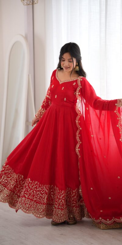 ZSR 3185 Red Fendy Silk Gown with Embroidery Work & Sequins Work. Special Price ₹2399. Delivery 4-6 Working Days. Shop now. | Bollywood Gowns, Creative Gowns, Designer Gowns, Embroidered Gowns, Gowns, Party Wear Gowns