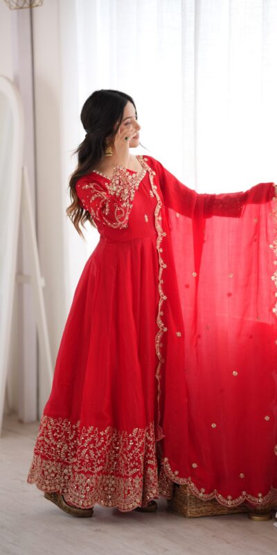 ZSR 3185 Red Fendy Silk Gown with Embroidery Work & Sequins Work. Special Price ₹2399. Delivery 4-6 Working Days. Shop now. | Bollywood Gowns, Creative Gowns, Designer Gowns, Embroidered Gowns, Gowns, Party Wear Gowns