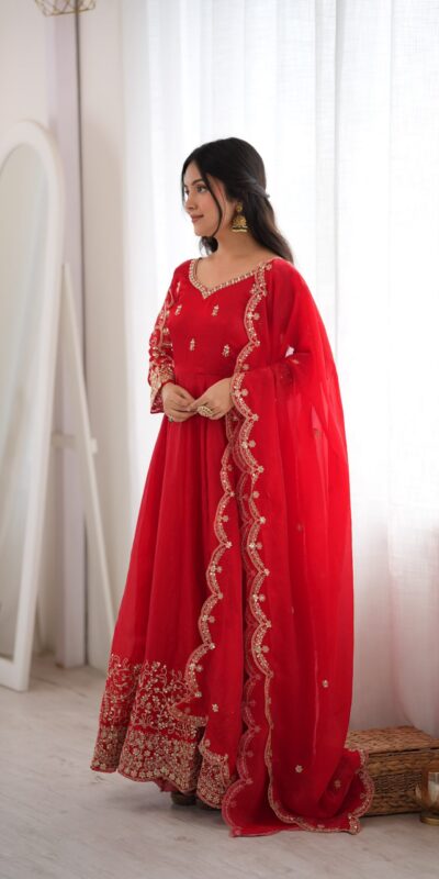 ZSR 3185 Red Fendy Silk Gown with Embroidery Work & Sequins Work. Special Price ₹2399. Delivery 4-6 Working Days. Shop now. | Bollywood Gowns, Creative Gowns, Designer Gowns, Embroidered Gowns, Gowns, Party Wear Gowns